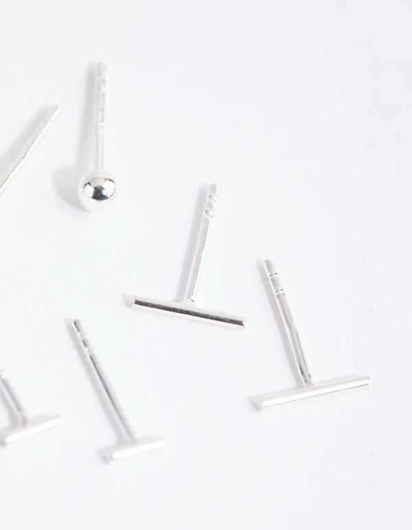 Sterling Silver Bar Polished Ball Earrings Trio