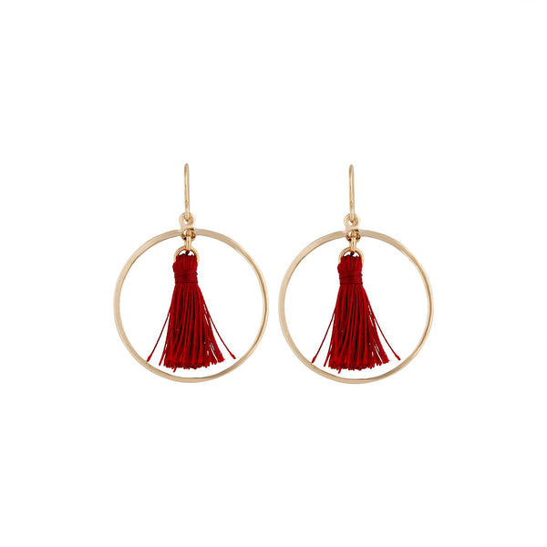 Gold Circle Tassel Maroon Drop Earrings