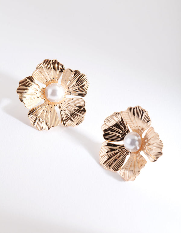 Gold Flower Pearl Stud Earrings