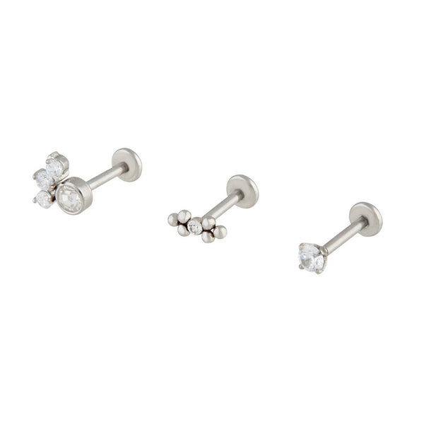 Rhodium Surgical Steel Dainty Diamante Flatback 3 Pack