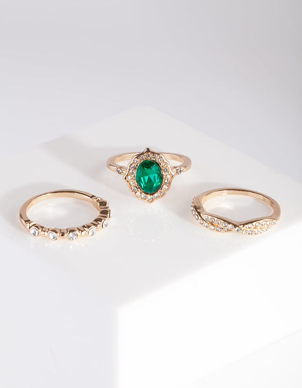 Gold Green Gem Ring Stack