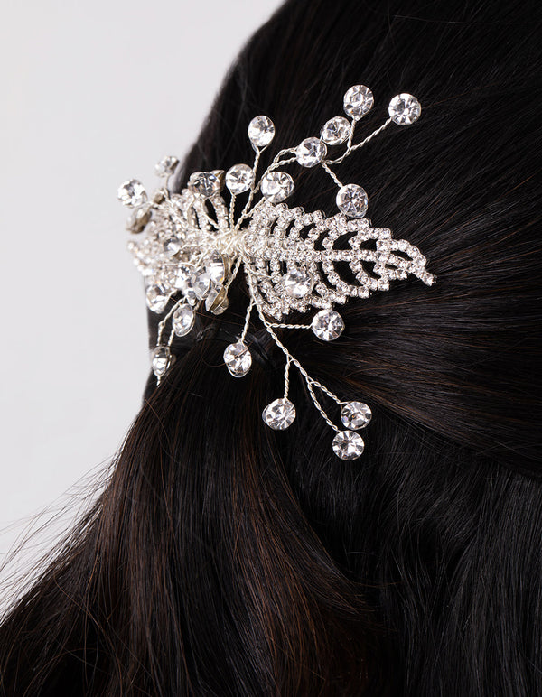 Silver Floating Crystal Leaf Comb
