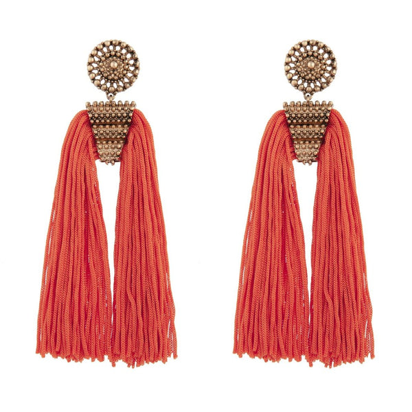 Antique Gold Orange Split Tassel Earrings