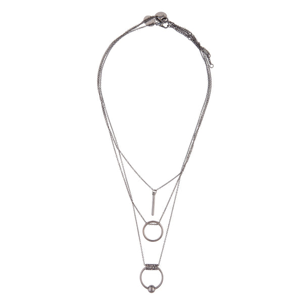 3 Row Gunmetal Fine Geo Ball Layered Necklace