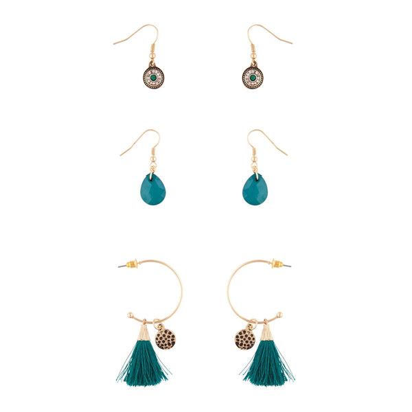 Antique Gold 3 Pack Tassel Stone Hoop Earring