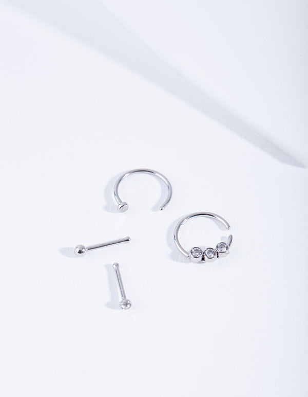 Rhodium Diamante Nose Ring 4 Pack
