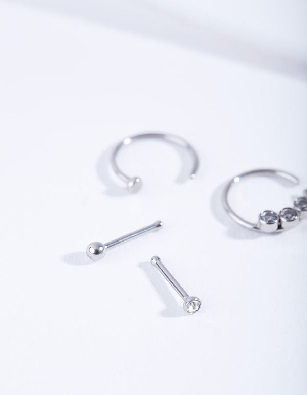 Rhodium Diamante Nose Ring 4 Pack