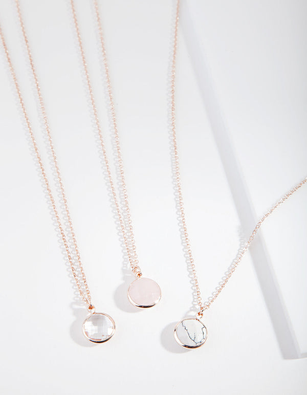 Rose Gold Semi Precious Round Necklace 3 Pack