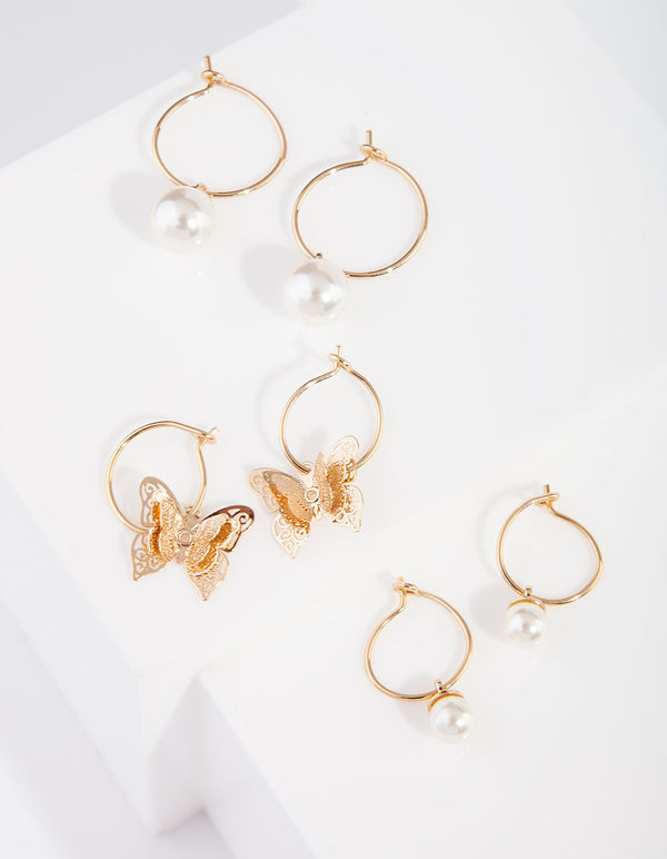 Gold Butterfly Pearl Sleeper Earring Pack
