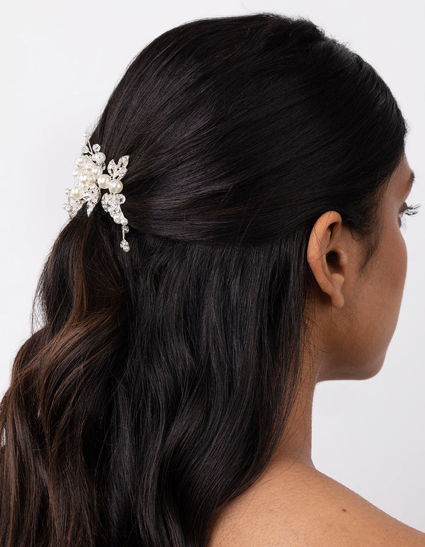 Silver Crystal Pearl Mini Leaf Comb