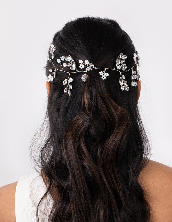 Silver Faceted Pearl Leaf Hair Vine