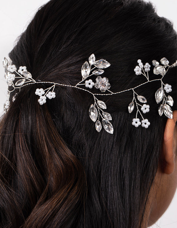 Silver Faceted Pearl Leaf Hair Vine