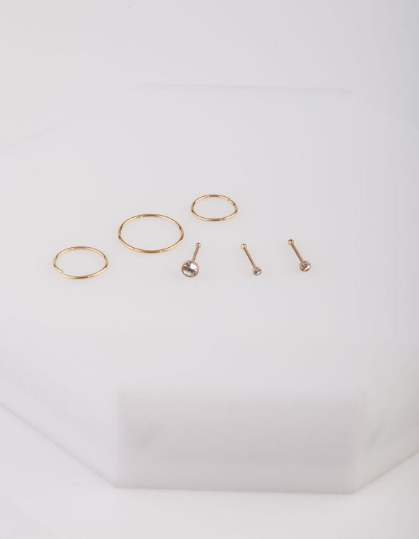Gold Nose Stud & Hoop 6 Pack