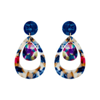 Double Teardrop Acrylic Earrings in Blue Multi - link has visual effect only