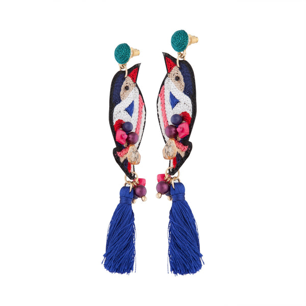 Embroidered Bird Tassel Earrings