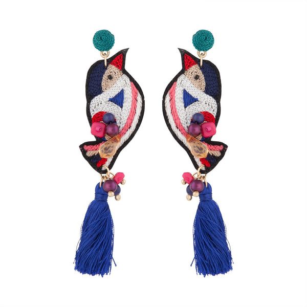 Embroidered Bird Tassel Earrings
