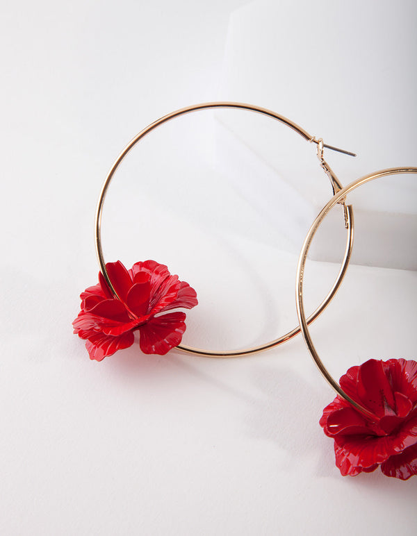 Red and Gold Metal Flower Hoop Earrings