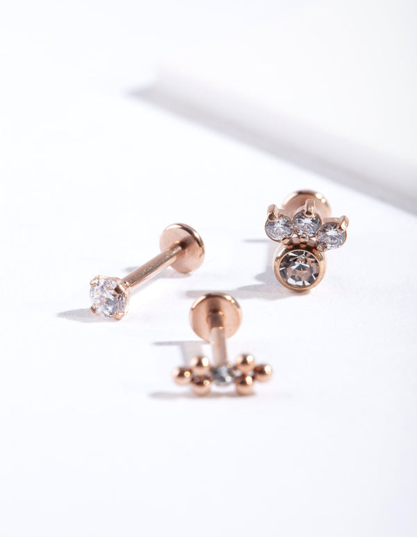 Różowozłota stal chirurgiczna Dainty DiamanteåÊFlat Back 3 Pack