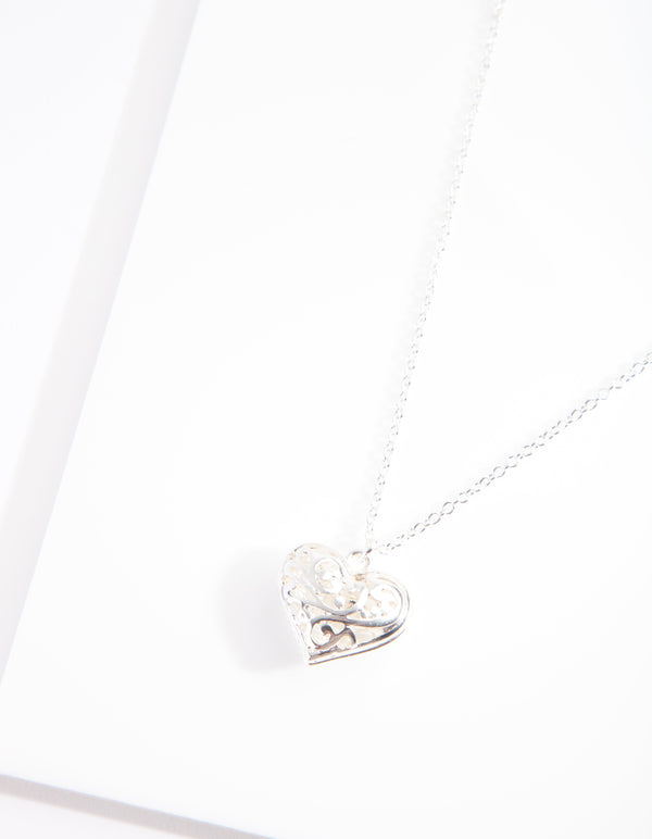 Silver Filigree 3D Heart Necklace