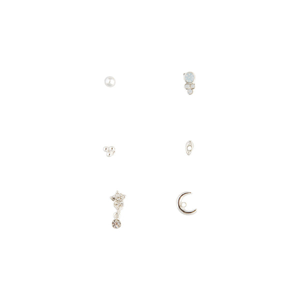 Silver Synthetic Opal Moon Stud Mix Pack Earring