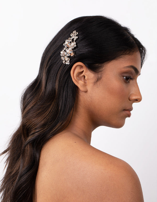 Rose Gold Floral Crystal Pearl Hair Clip