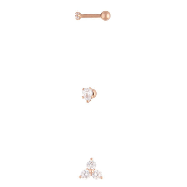 Rose Gold Surgical Steel Trio Diamante Cartilage Piercing