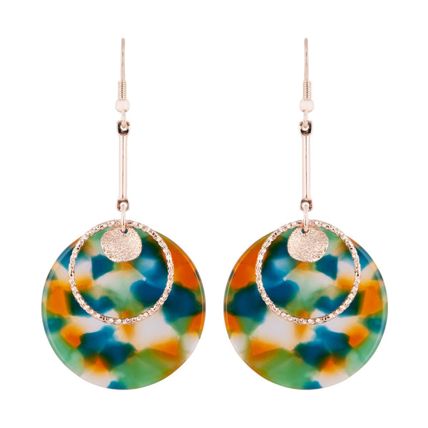 Rose Gold Multi Coloured Acrylic Disc Drop Earrings