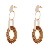Gold Brown Raffia Circle Link Earrings - link has visual effect only
