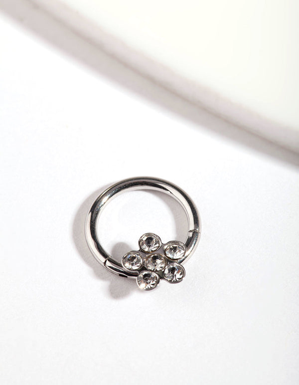 Rhodium Flower Clicker Earring
