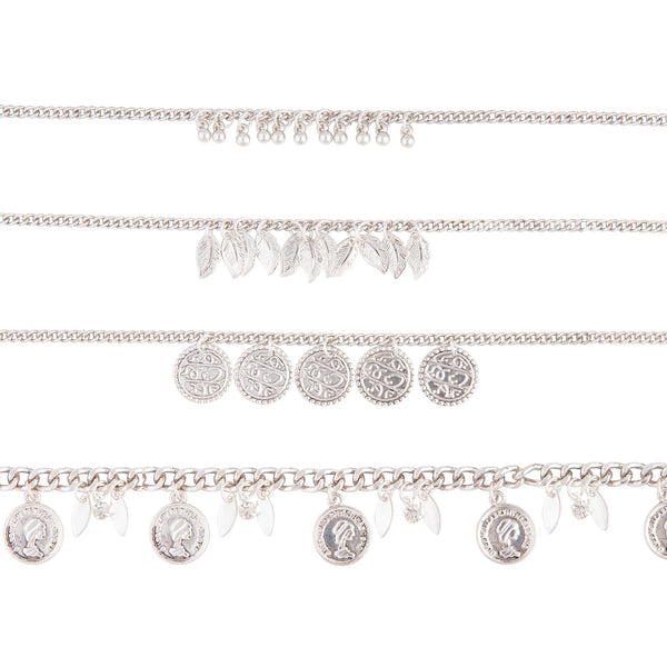 Antique Silver Anklet Bracelet 4 Pack