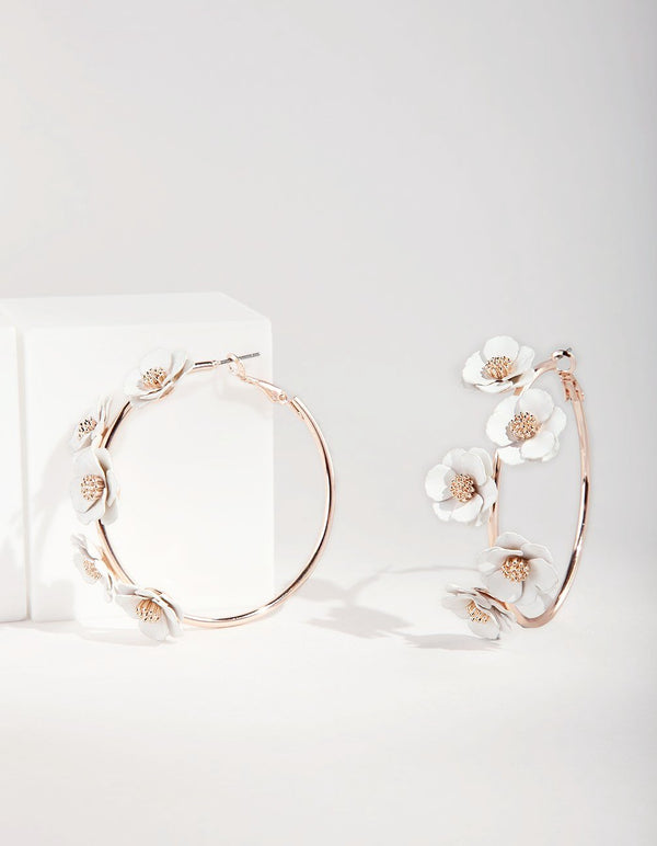 Rose Gold White Flower Charm Hoop Earrings