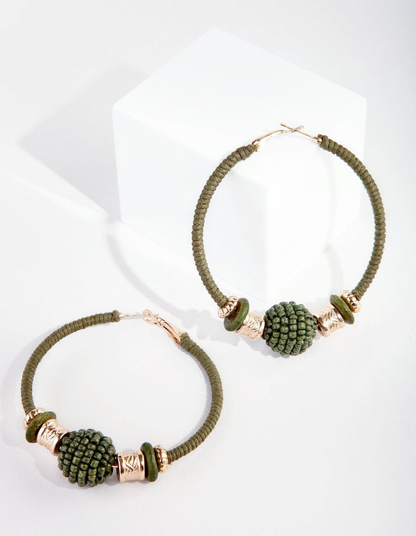 Khaki Green Bead Hoop Earrings