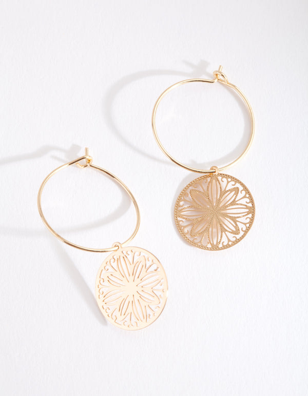 Gold Filigree Disc Hoop Earrings