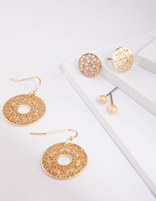 Gold Filigree Disc Earring 3 Pack