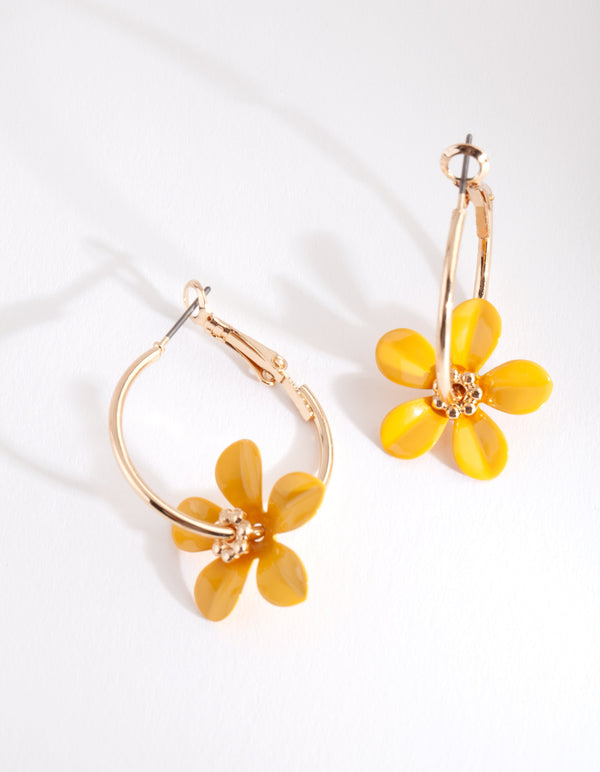 Yellow Metal Flower Hoop Earrings