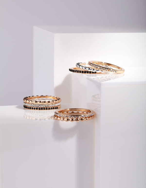 Mixed Metal Black Diamante Ring Pack