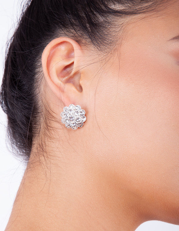 Silver Double Diamante Flower Earrings