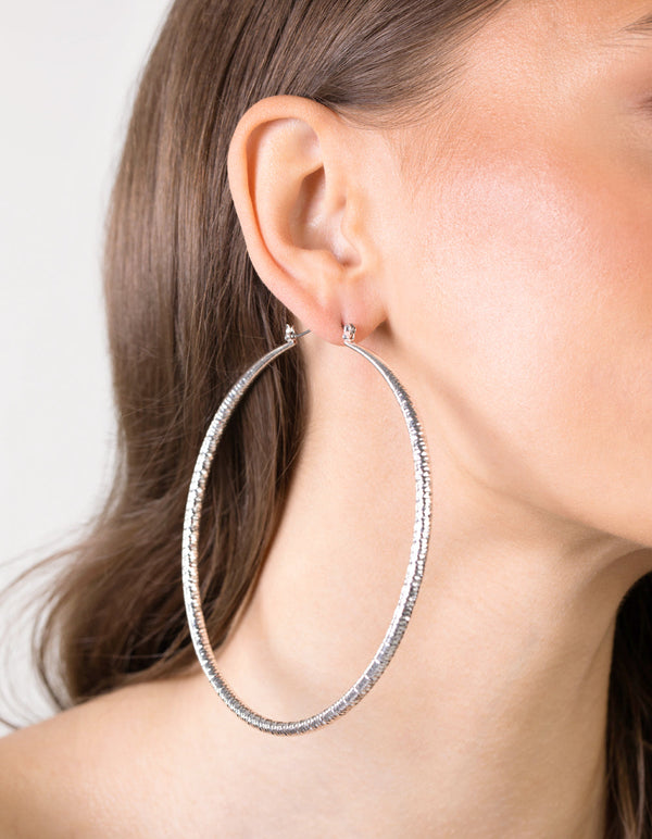 Silver Textured Large Hoop Earrings