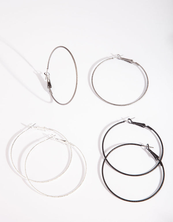 Silver Black Mixed Hoop Earring 3 Pack
