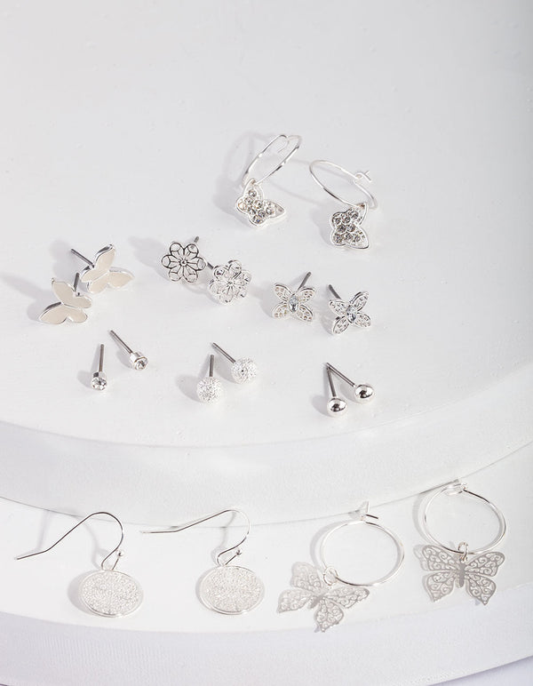Silver Butterfly Hoop Drop Earring Pack