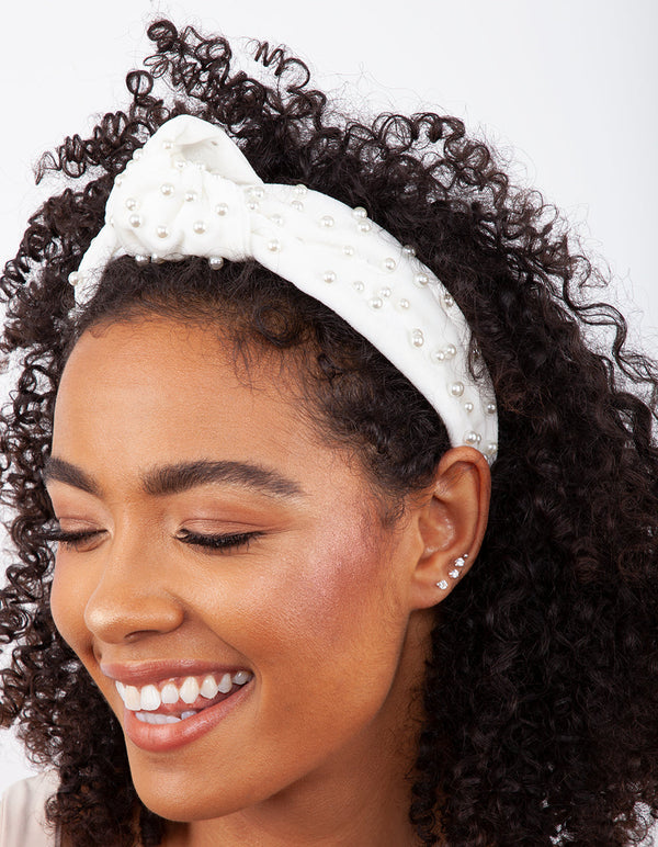White Fabric Knot Pearl Headband
