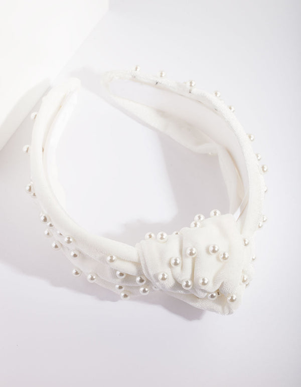 White Fabric Knot Pearl Headband