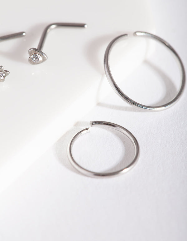 Rhodium Heart Nose Ring 4 Pack