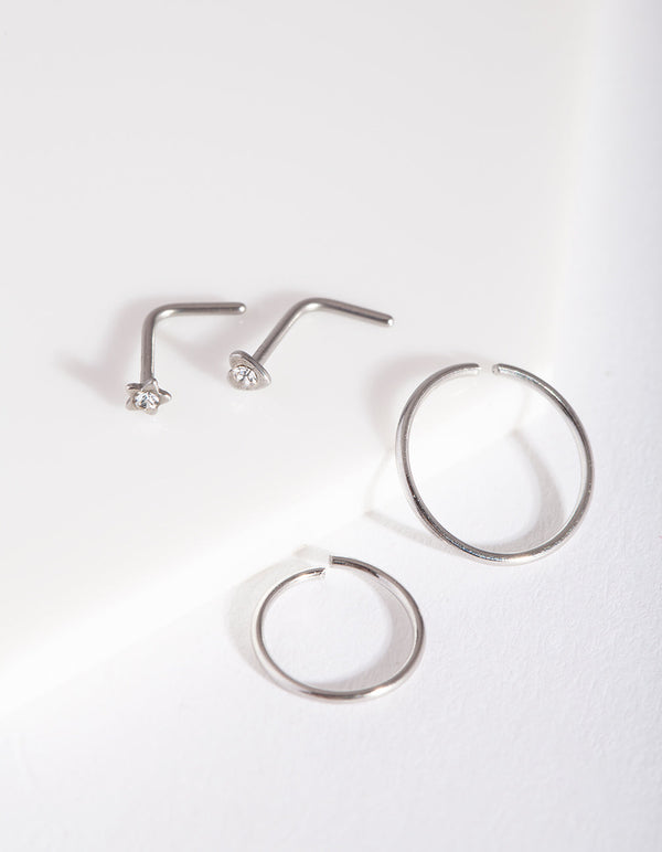 Rhodium Heart Nose Ring 4 Pack