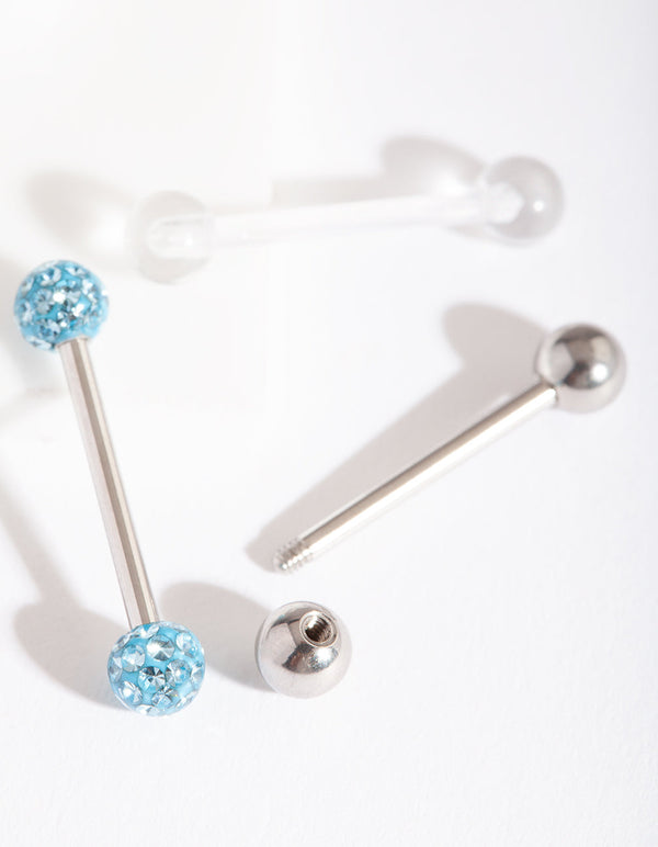 Rhodium Blue Diamante Tongue Bar Pack