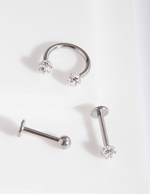Rhodium Surgical Steel Disco Ball Barbell 3 Pack