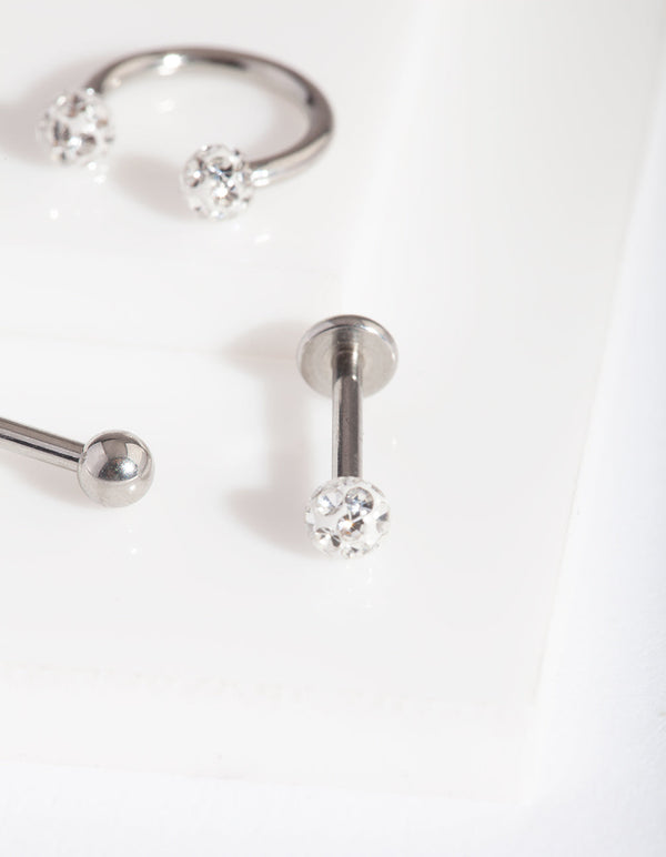 Rhodium Surgical Steel Disco Ball Barbell 3 Pack