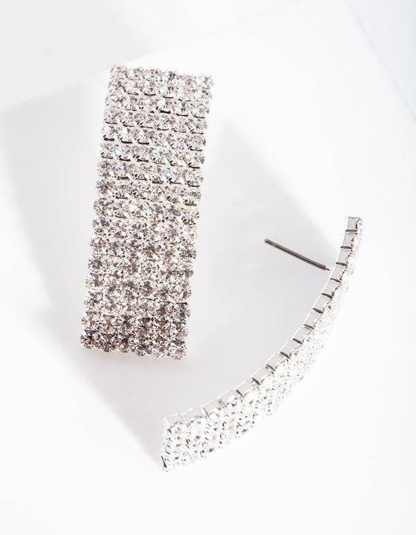 Silver Long Curve Diamante Earrings