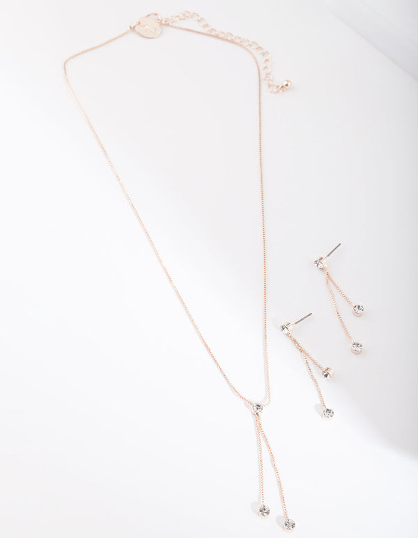 Rose Gold Diamante Drop Earrings Necklace Gift Box