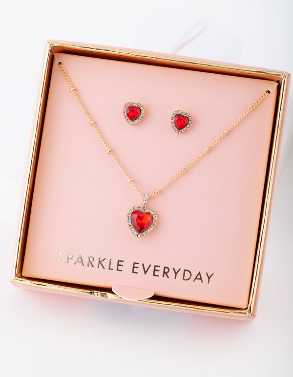 Gold Red Heart Necklace Earrings Gift Box